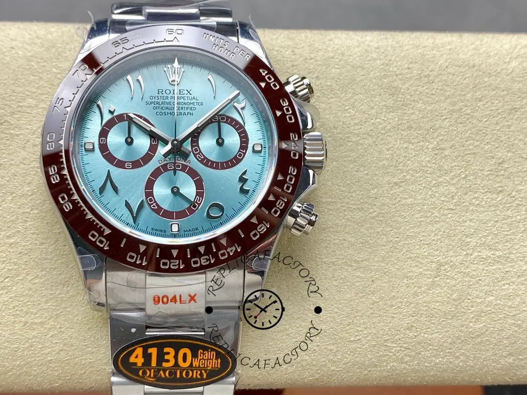 Display view of Rolex Daytona Arabic 116506 on cushion, ice blue dial and brown bezel.