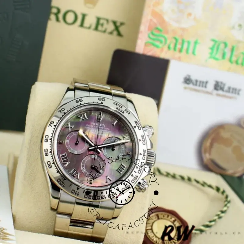 Rolex Daytona 116509 on stand, front view, iridescent mother of pearl dial close-up.