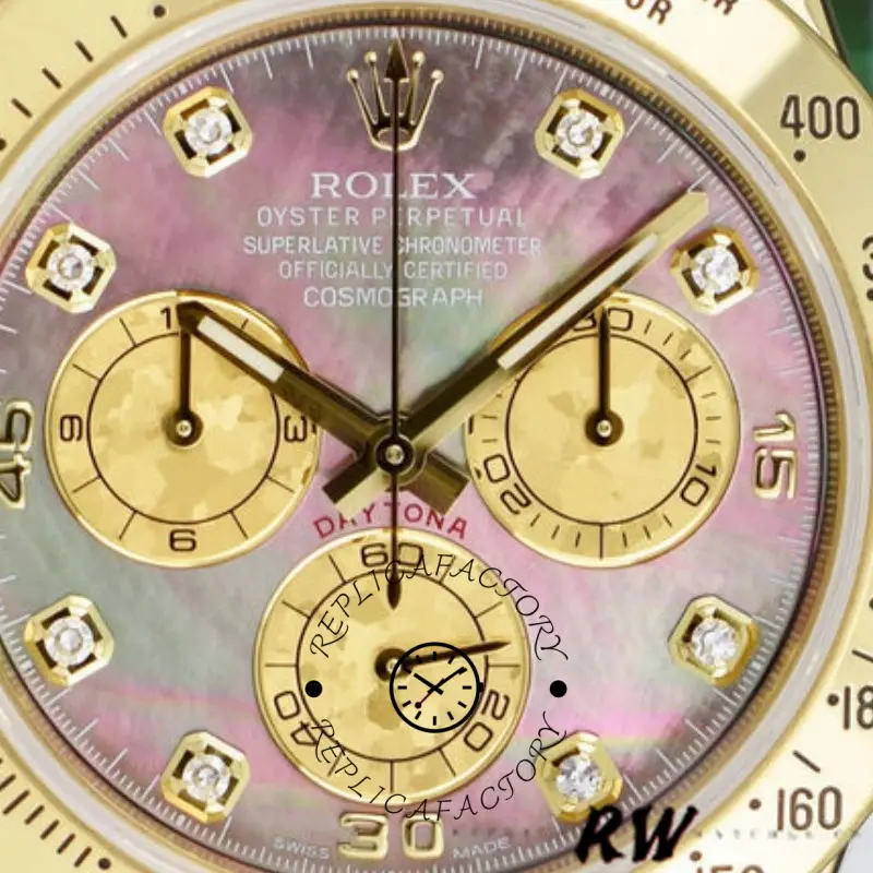 Dial close-up of the Rolex Cosmograph Daytona 116528 40MM showing MOP shimmer and diamond hour markers.