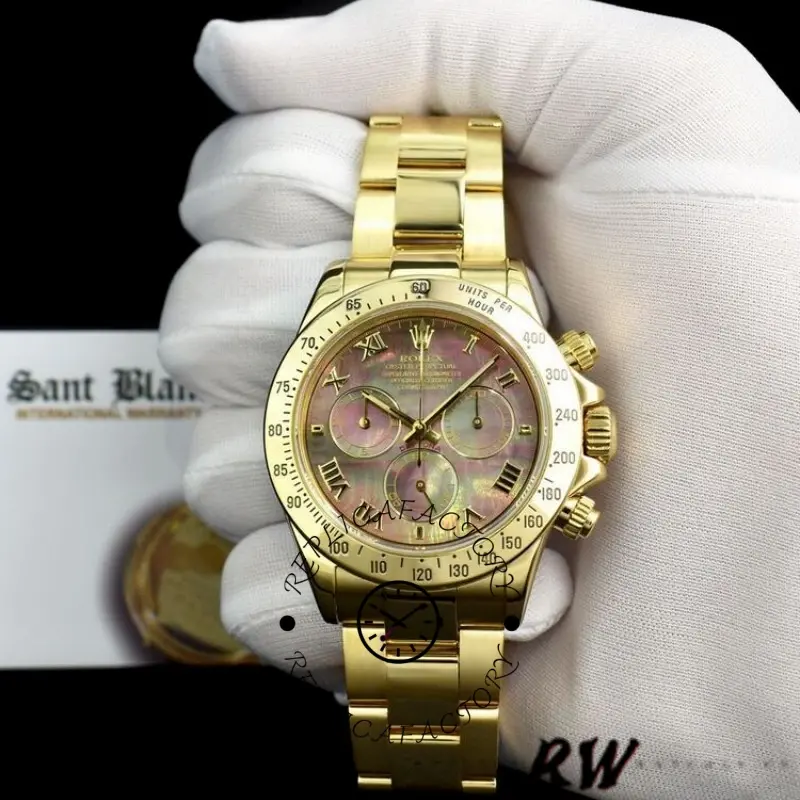 Handheld view of Rolex Cosmograph Daytona 116528 showing black MOP dial and gold case.