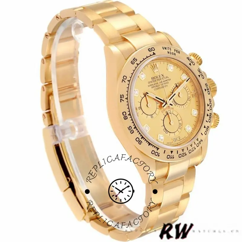 Three-quarter view of Rolex Daytona 116508 showing yellow gold bracelet and champagne diamond dial.