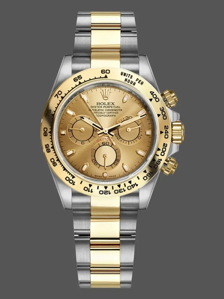 Rolex Daytona 116503 front view, champagne index dial, yellow gold bezel, two-tone Oyster bracelet. - Front view