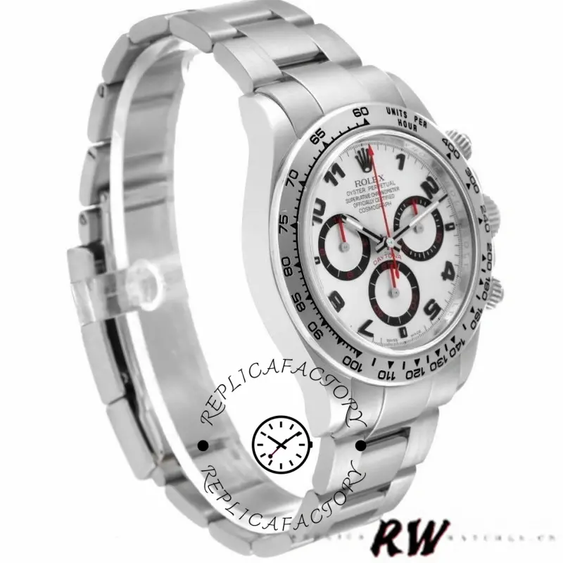 Rolex Daytona 116509 angled view, silver Arabic dial and tachymeter bezel, bracelet open.