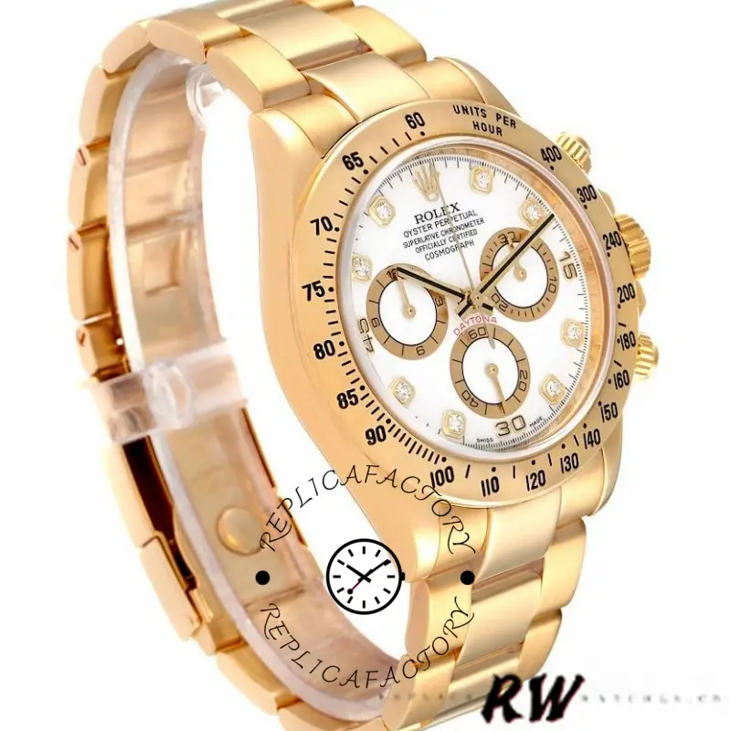 Rolex Daytona 116528 angled view, white diamond dial and gold tachymeter bezel.