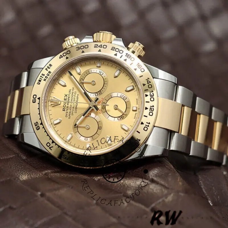 Rolex Daytona 116503 on leather pad, angled close-up, champagne dial and gold bezel in warm light.