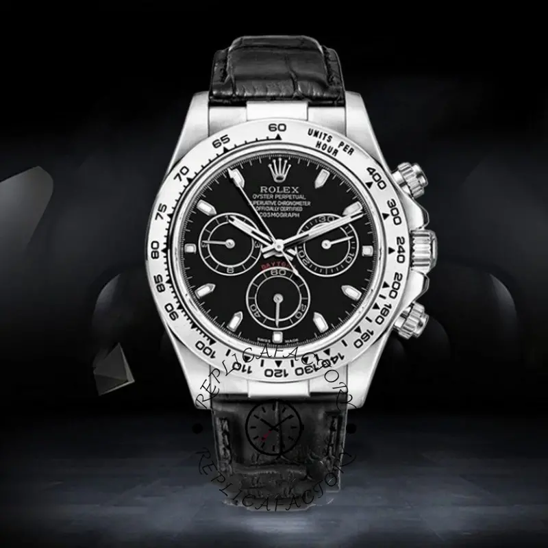Studio front view of the Rolex Daytona 116519 40mm showing black dial and white bezel scale.