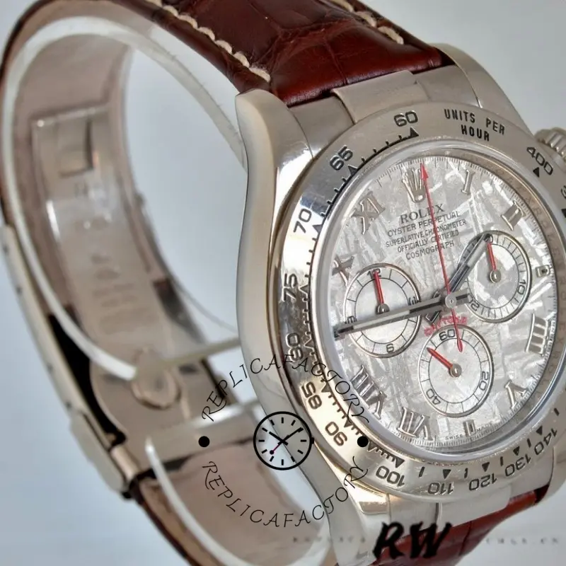 Rolex Daytona 116519 angled side view, meteorite dial and case profile on brown strap.