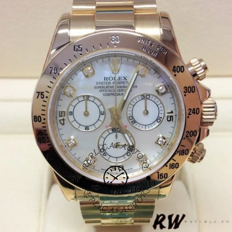 Dial close-up of Rolex Daytona 116528 highlighting mother-of-pearl texture and diamond markers.