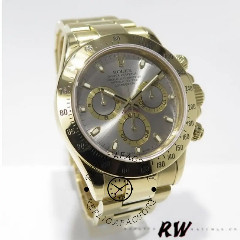 Rolex Daytona 116528 angled front view, grey dial and gold tachymeter bezel, bracelet visible.