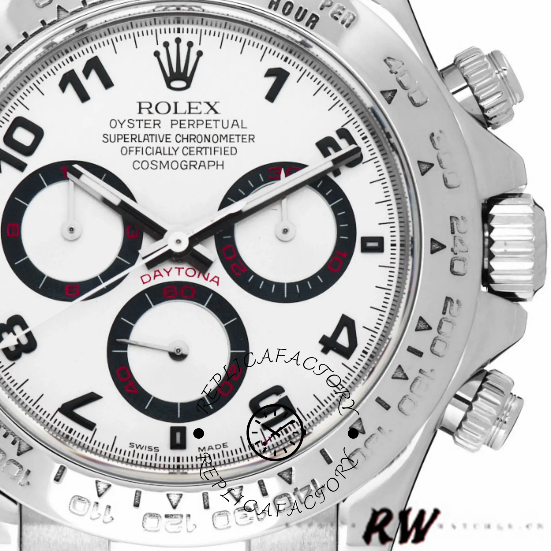 Dial close-up of Rolex Daytona 116519 showing Arabic numerals, subdials, and hands.