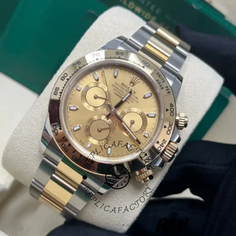 Rolex Daytona 116503 on pad, angled front view, champagne dial and two-tone bracelet.