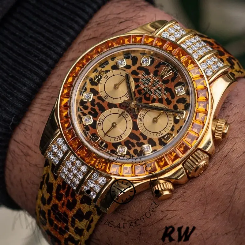 Wrist shot of Rolex Daytona 116598 showing leopard orange dial and diamond-set case.