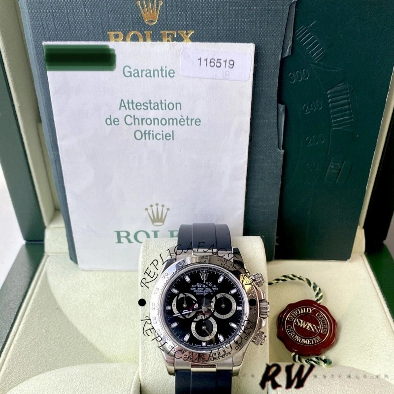 Box set display of Rolex Daytona 116519 showing watch, papers, and accessories.