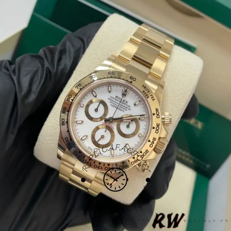 RW render on-cushion view of the Rolex Daytona 116508 40MM showing white dial and gold bracelet.