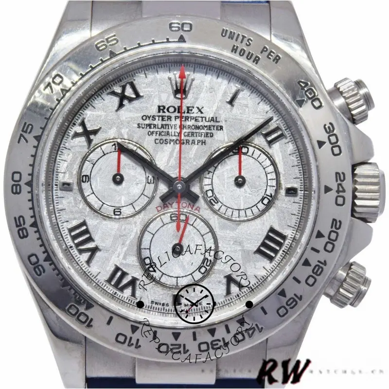 Dial close-up of Rolex Daytona 116519 highlighting meteorite texture and chronograph layout.