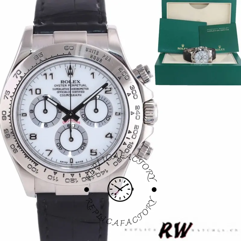 RW render front view of the Rolex Daytona 116519 40mm showing white Arabic dial and leather strap.