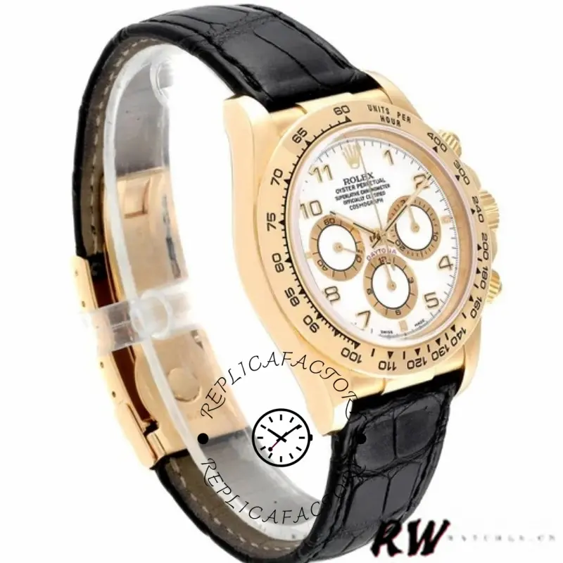 Three-quarter view of Rolex Daytona 116518 showing white dial and yellow gold case on leather strap.