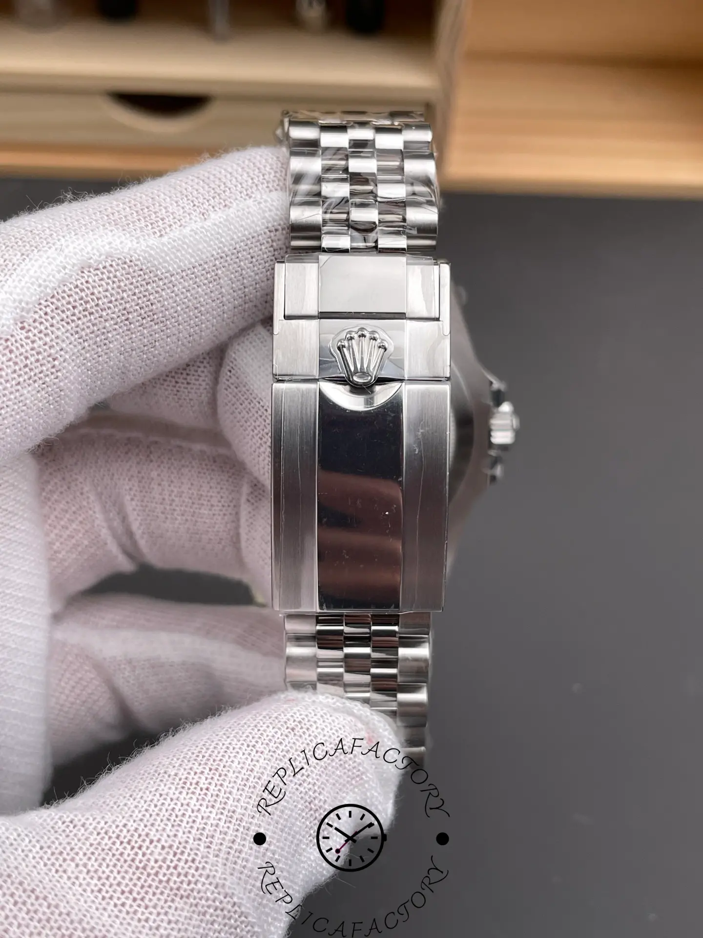 VSF Rolex GMT-Master II 126710BLNR clasp view showing Rolex crown on bracelet buckle.