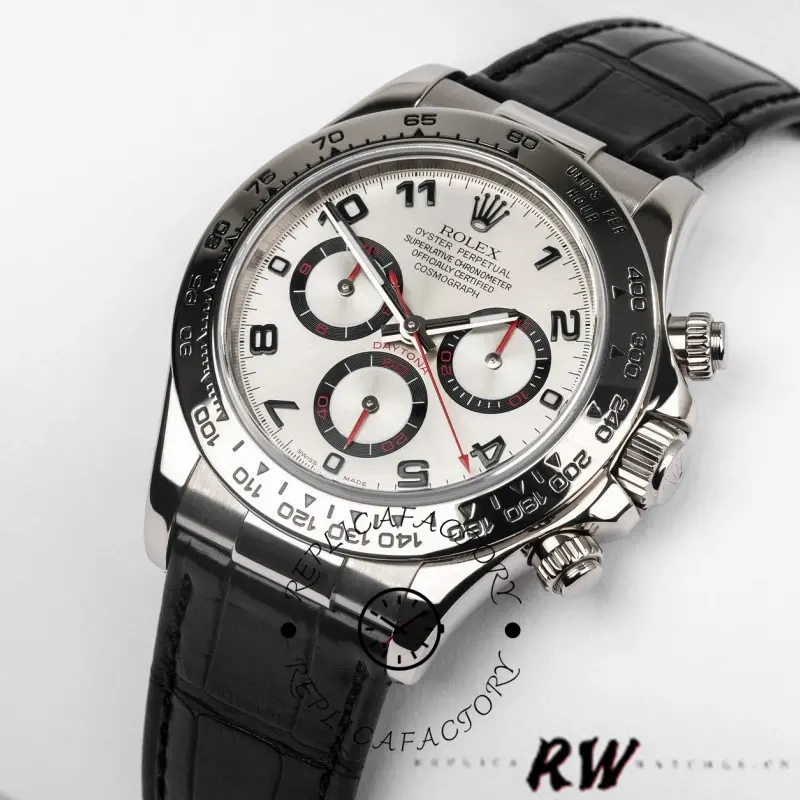 Angled front view of Rolex Daytona 116519 showing silver dial and black alligator strap.