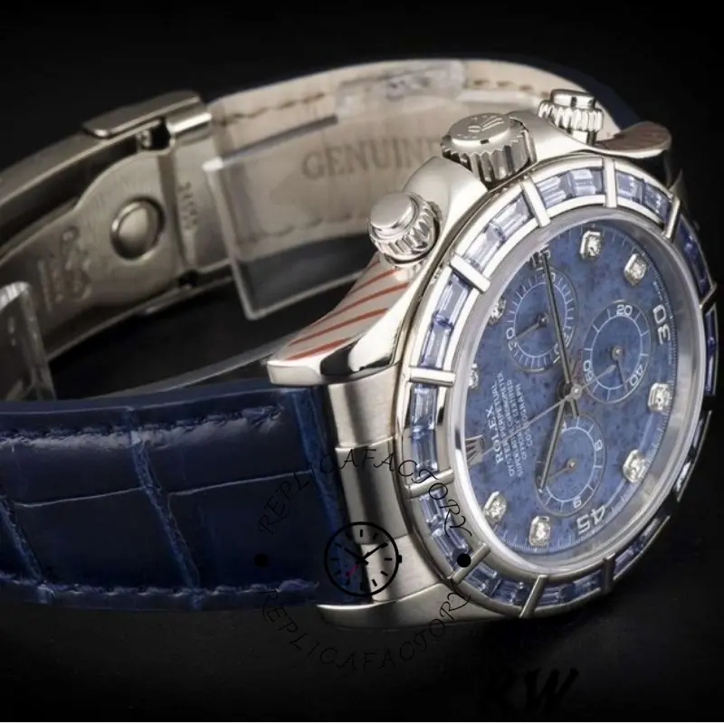 Studio angled view of the Rolex Daytona 116589BR 40mm showing blue leather strap and diamond bezel.