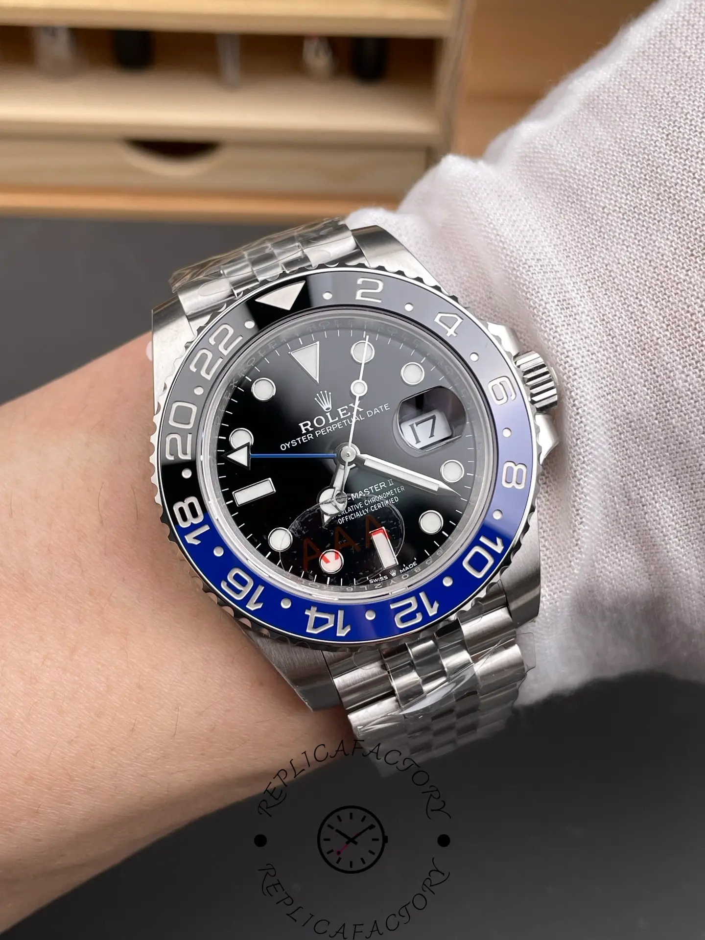 VSF Rolex GMT-Master II 126710BLNR wrist shot, black dial with Batman bezel.