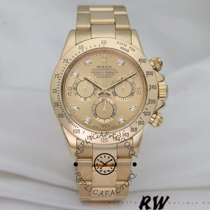 Angled front view of Rolex Daytona 116528 showing champagne dial sparkle and diamond markers.