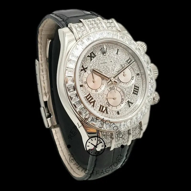 Studio angled view of the Rolex Cosmograph Daytona 116599 40mm highlighting diamond-set case and bezel.