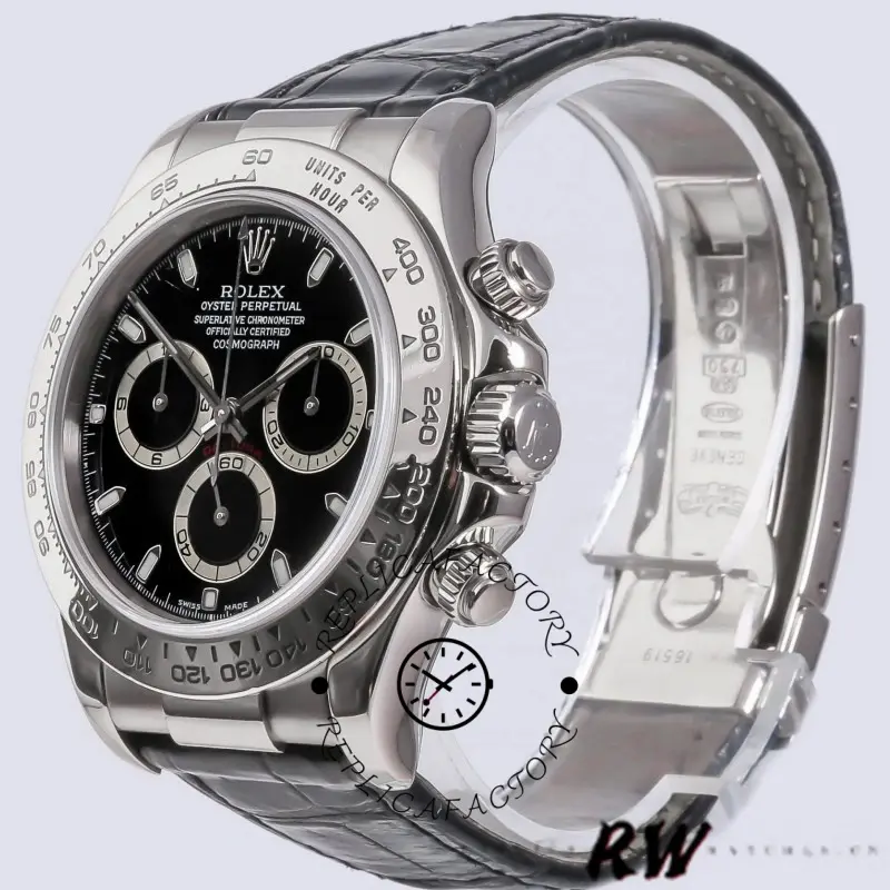 Angled view of Rolex Daytona 116519 showing black dial, bezel, and leather strap curve.