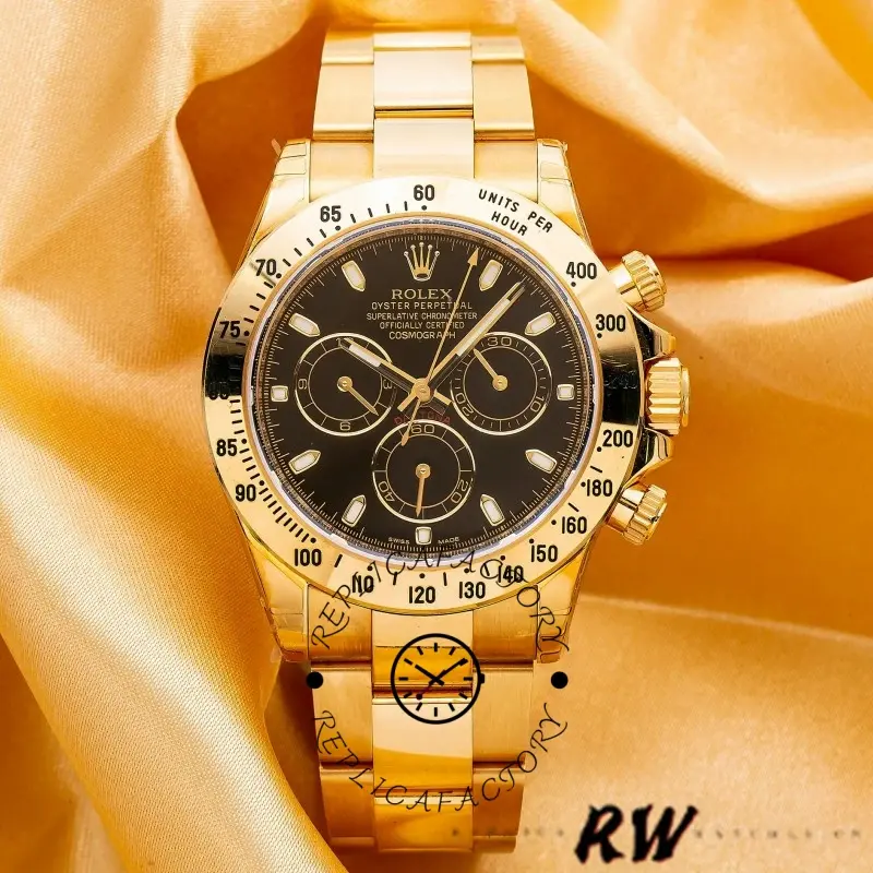 Rolex Daytona 116528 front view, black dial and gold tachymeter bezel, gold bracelet shown.