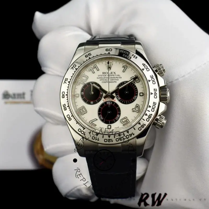 Rolex Daytona 116519 on glove, angled front view, panda dial and tachymeter bezel.