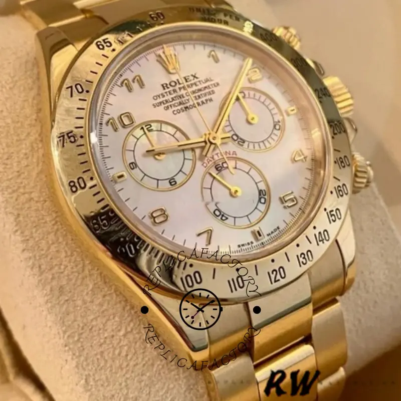 RW render close front view of the Rolex Daytona 116528 40mm showing MOP dial and gold bezel.